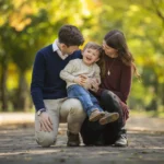 mother and father on their knees holding their young son laughing and playing