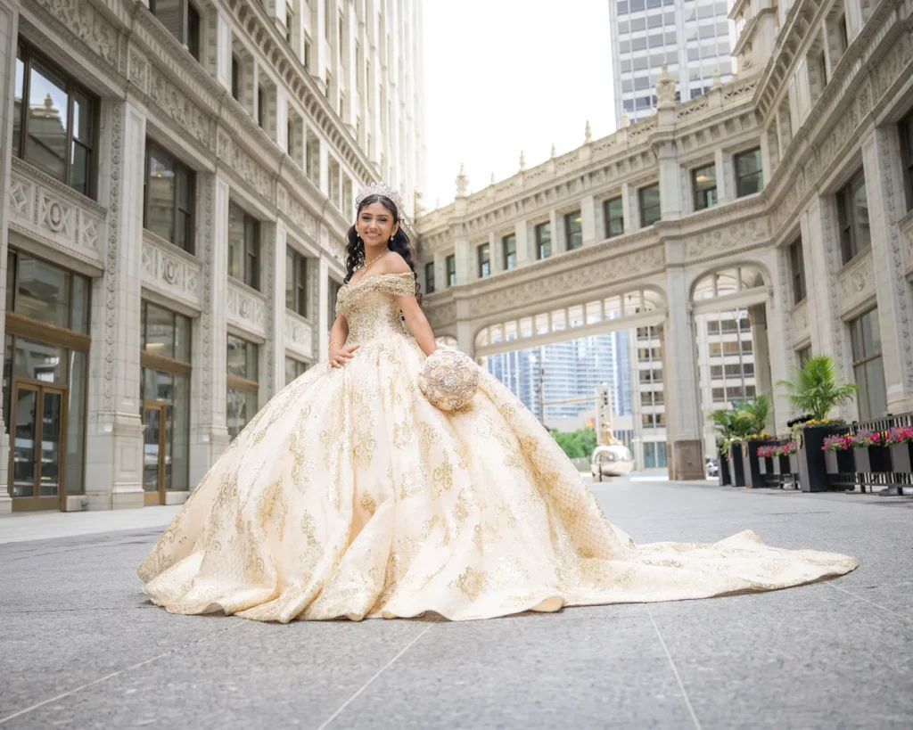 Beautiful teenage girl wearing a quinceañera dress smiling in downtown chicago.